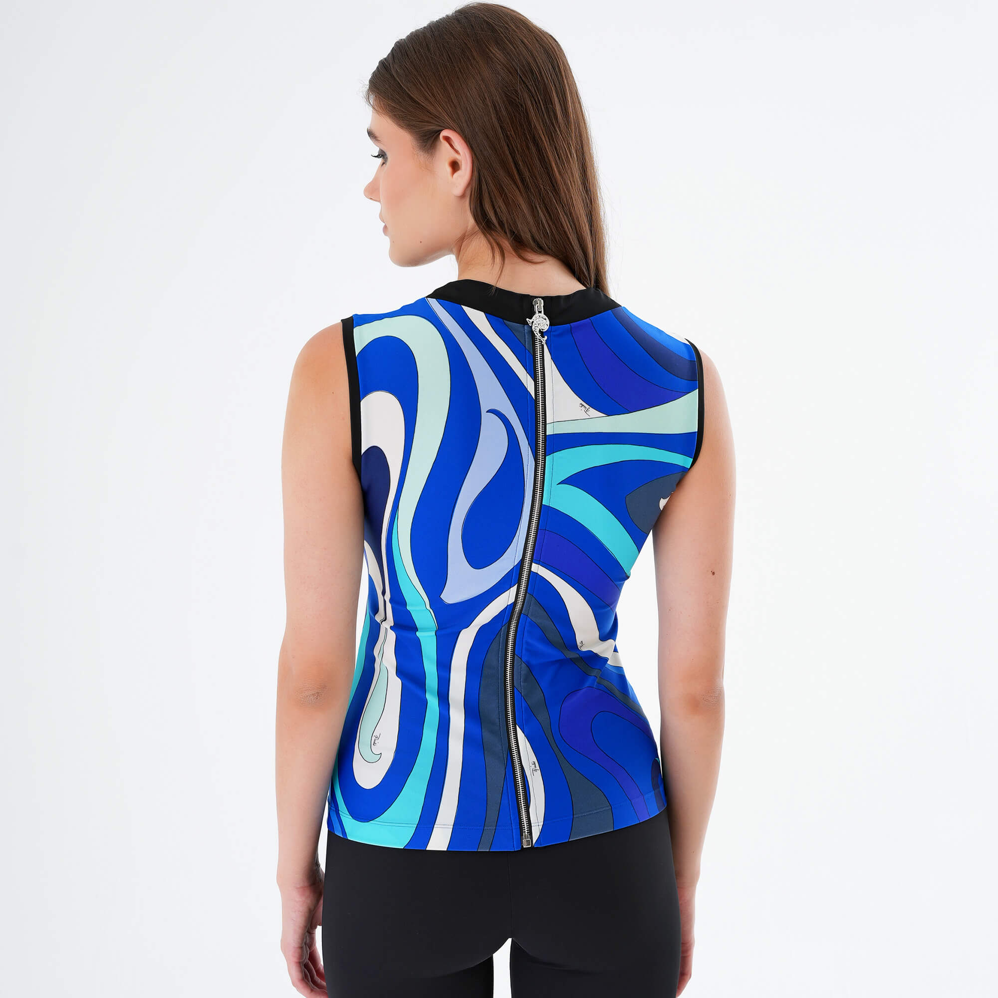 Emilio Pucci - Blue Marmo Print Sleeveless V Neck Blouse M